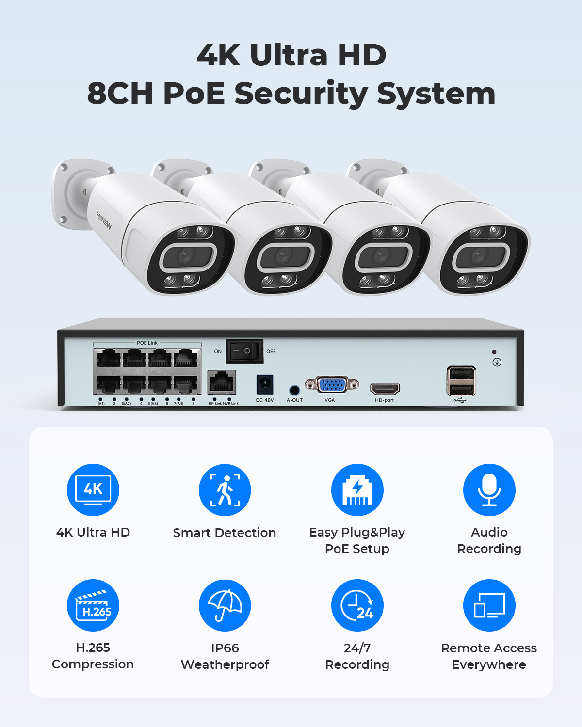 H.View 4K 5Мп 8Мп PoE система  – обзор и цена Home Security System Installation